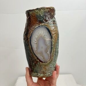 Terrance M Bedell Studio Pottery Vase Handmade signed '14 Brown Geode luminary